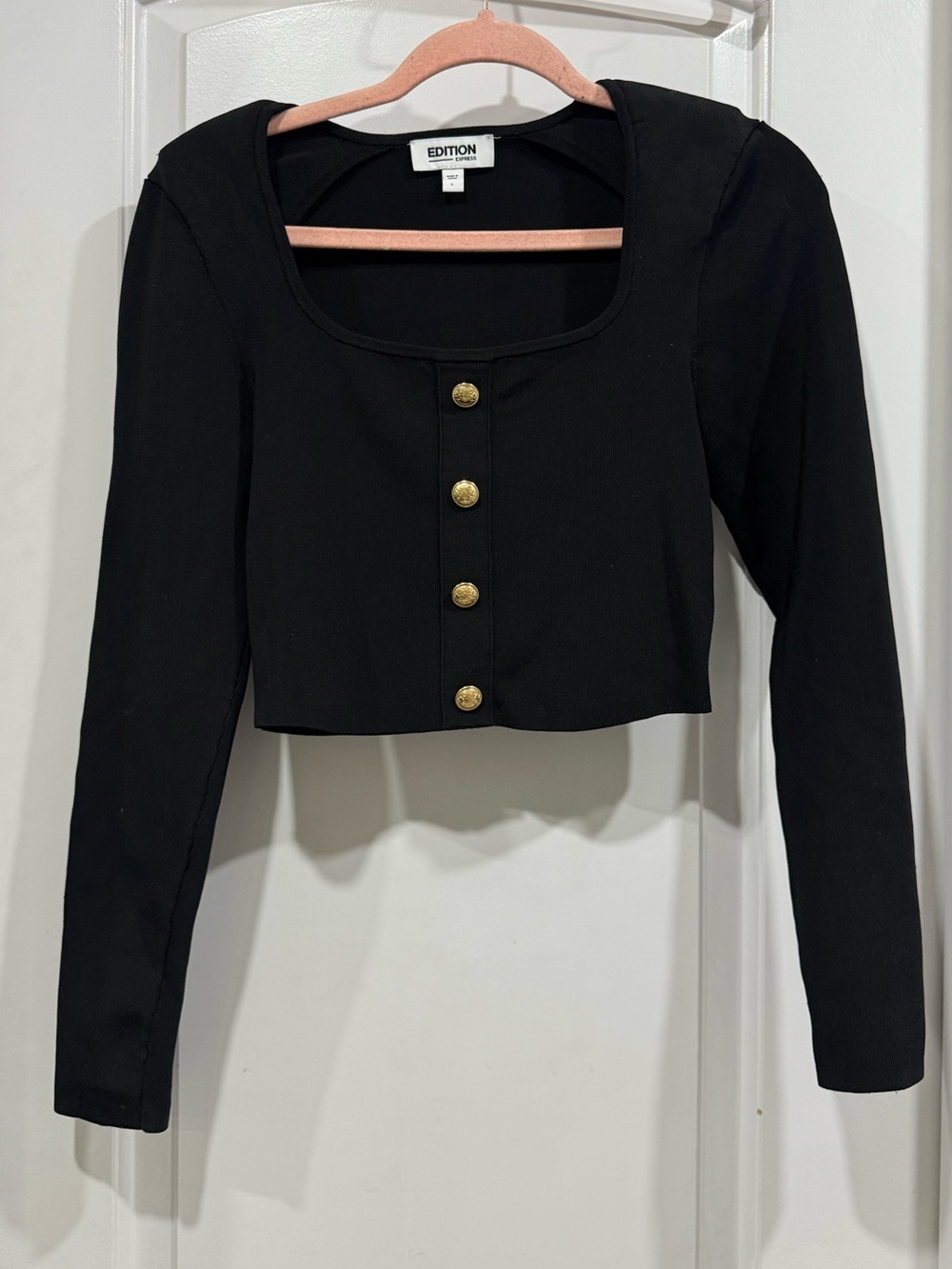 Express Black Cropped Button-Front Long Sleeve Top with Gold Buttons